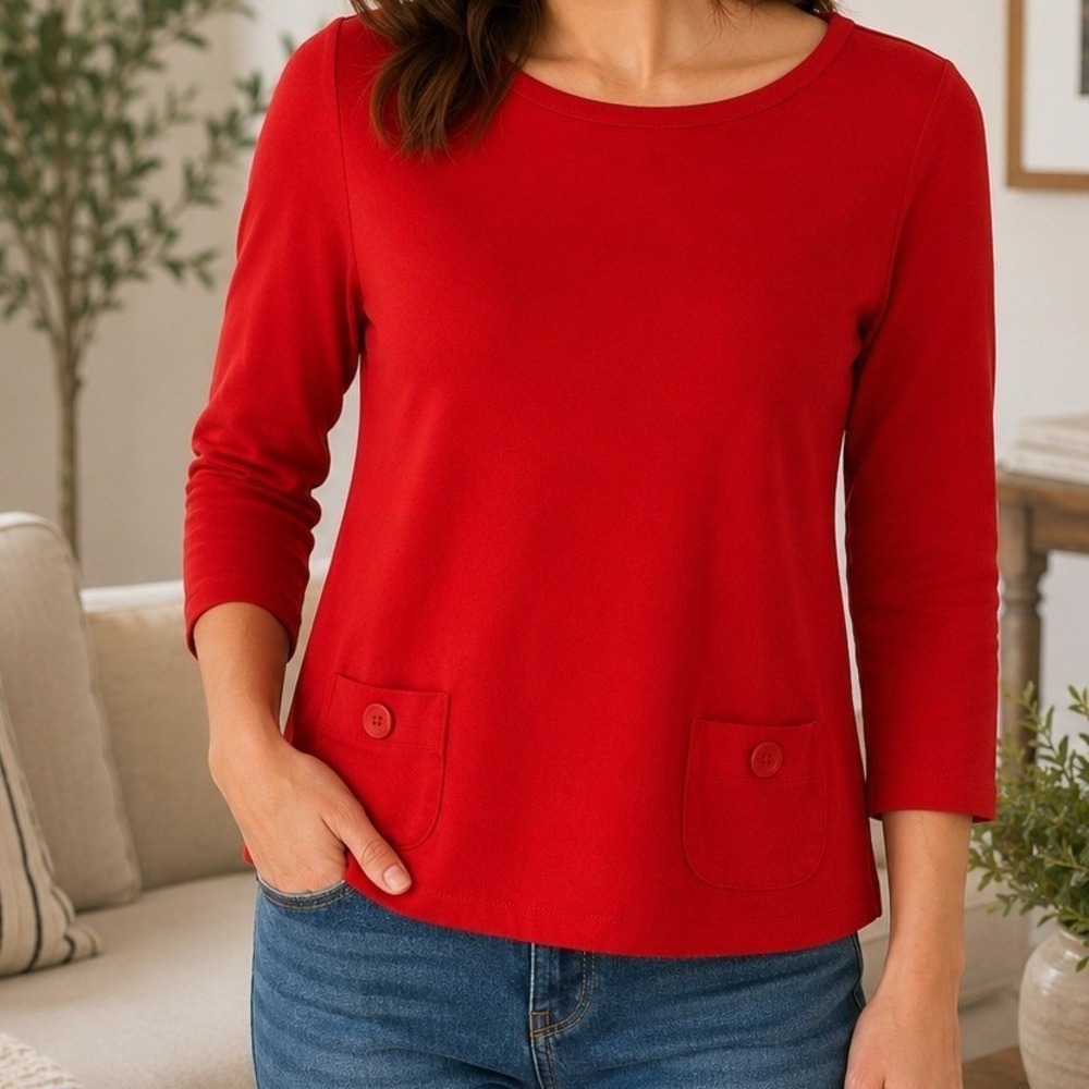 Boden Red 3/4 Sleeve Knit Top Button Pocket Detail Size 12 Minimalist Parisian